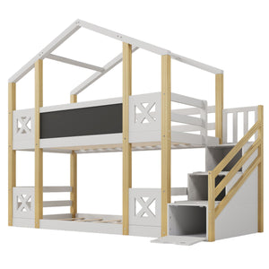 Twin Over Twin House Bunk Bed With White Storage Staircase And Blackboards - White by Couch.com