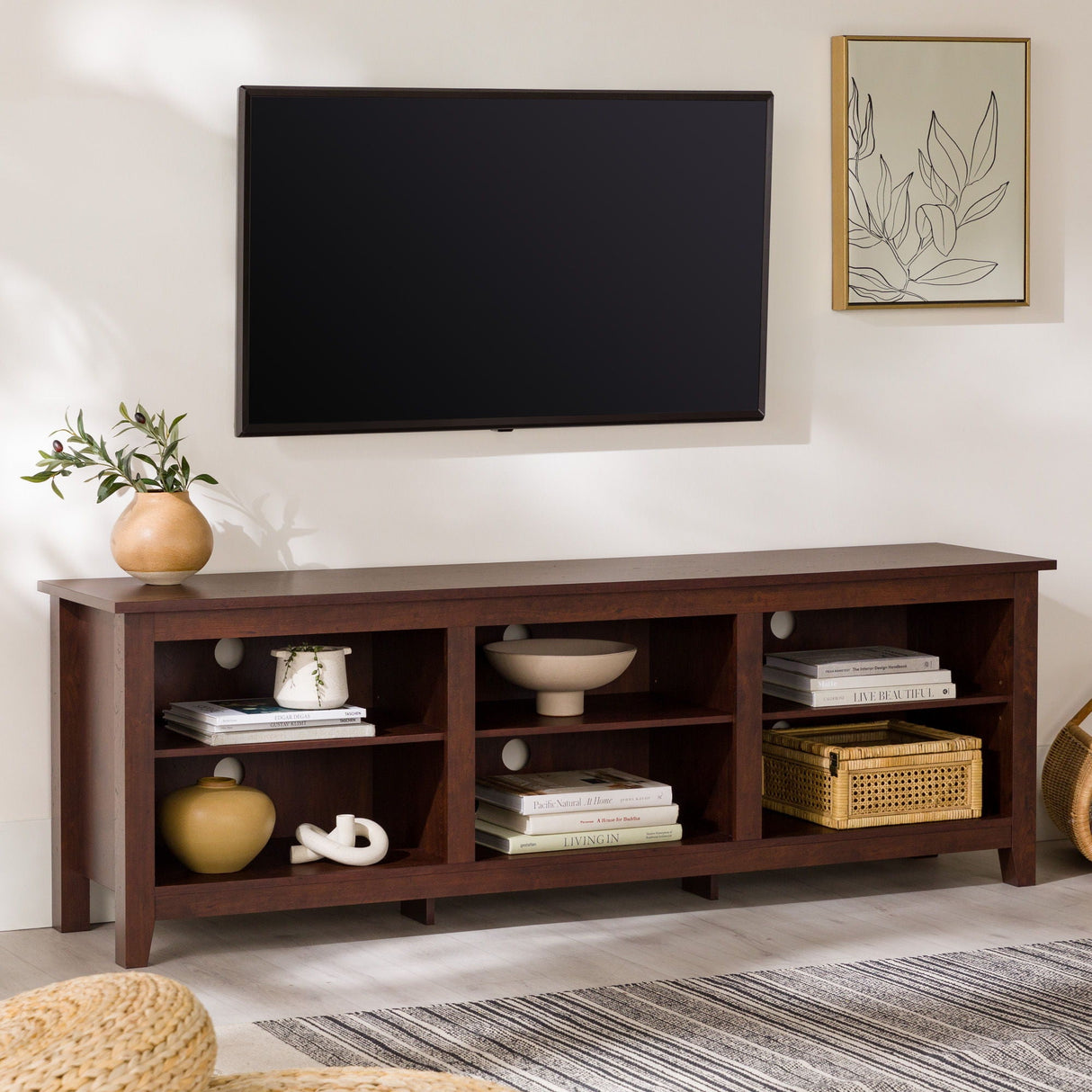 Modern Transitional 3 Shelf Open Storage 70" TV Stand For 80" TVs - Brown by Couch.com