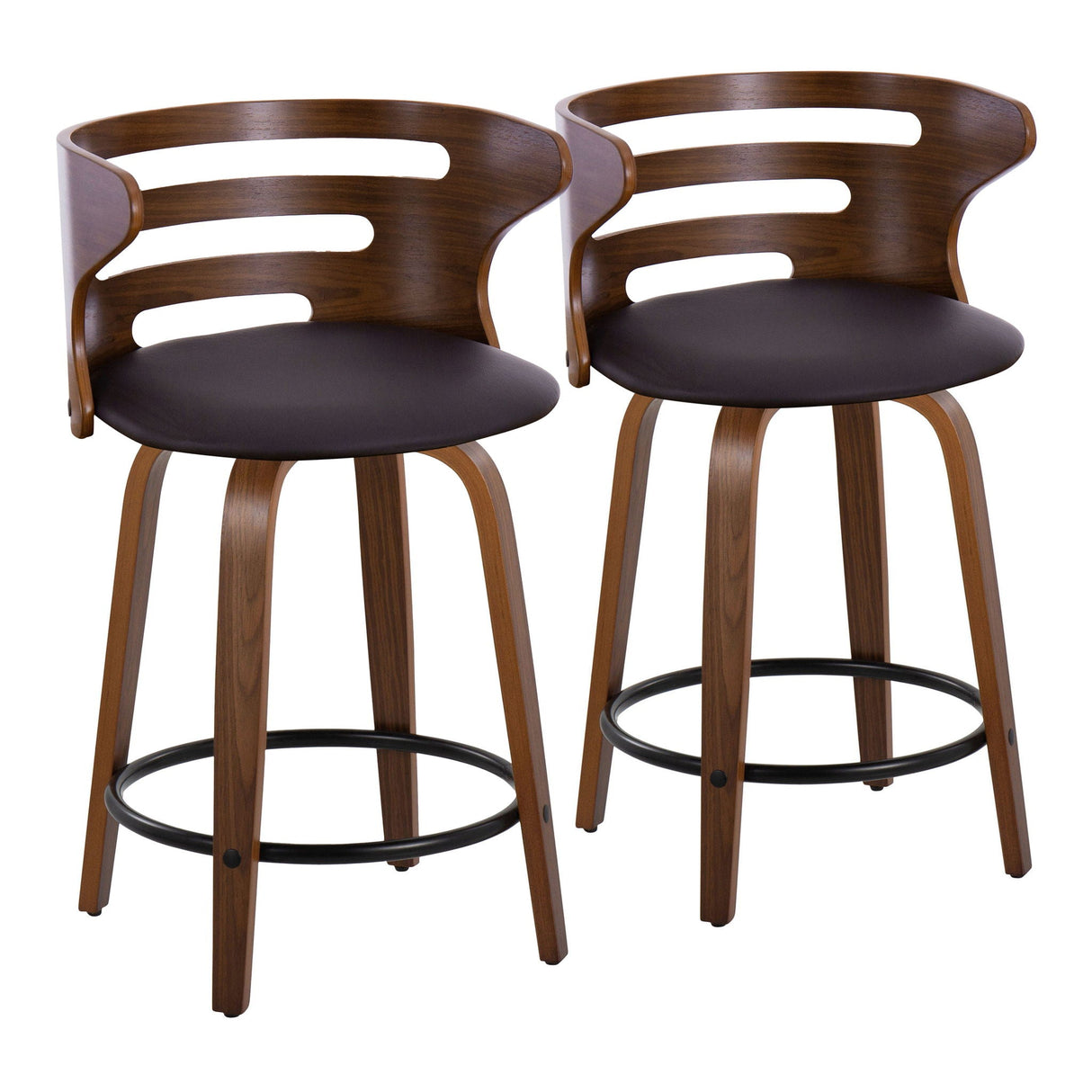 Cosini - Mid-Century Modern Fixed Height Counter Stool With Swivel With Round Footrest (Set of 2) - Walnut / Brown by Couch.com