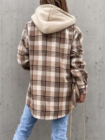 Vintage Retro Style Women Camel Plaid Button Up Jacket with Removable Hood Classic & Cozy Everyday Wear