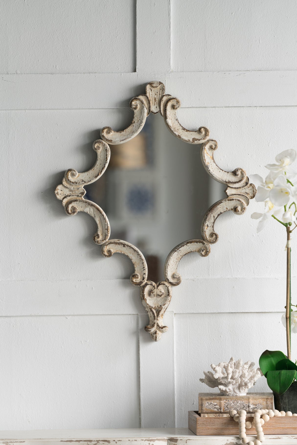 Artistic Diamond Scrollwork Mirror, Home Accent Mirror For Living Room, Entryway, Bedroom, Office - Antique White by Couch.com