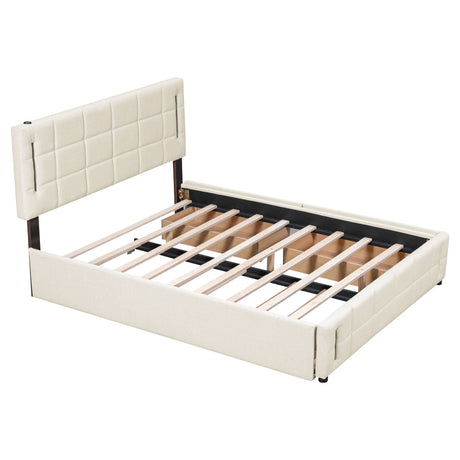 The Upholstered Platform Bed With Trundle & Drawers is a beige bed frame featuring a tufted headboard, wooden slats for mattress support, and quilted headboard and footboard design, shown without a mattress.
