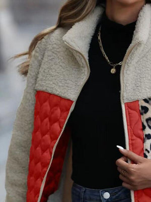 Unique Autumn Leopard Color Block Zip-Up Jacket Trendy Lightweight Jacket with Pockets Charming Winter Jacket