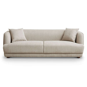 The Larisa Mid-Century Modern Linen Sofa is a light gray piece with two matching cushions, rounded and smooth design, and wooden feet, offering a minimalist aesthetic against a white background.