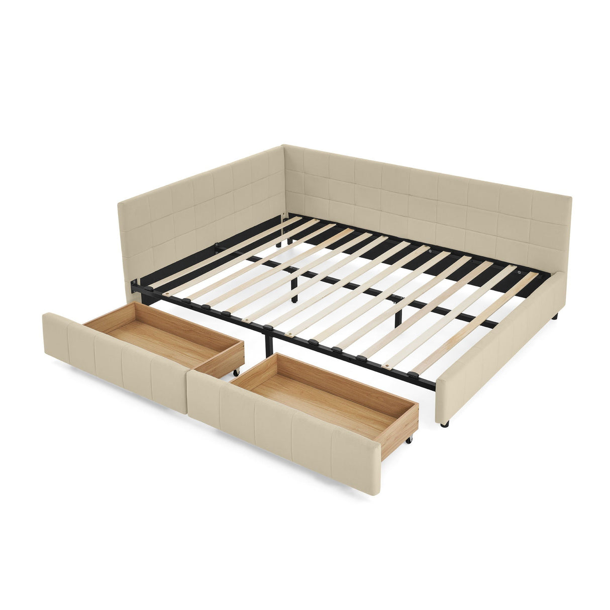 Mid-Century Storage Upholstered Tufted Bed Frame with Backrest and Armrests