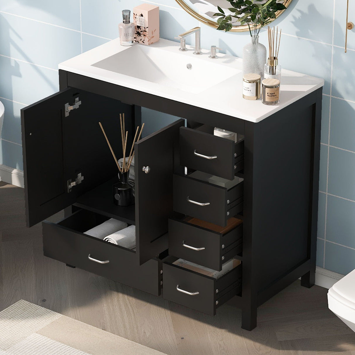 Bathroom Vanity With Ceramic Sink Combo, Abundant Storage Cabinet -2 Soft-Close Doors And 5 Drawers by Couch.com