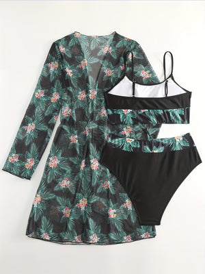 Bikini 3 Piece Tropical Print Swimsuit Set – High Stretch Comfortable Women's Bikini with Crew Neck Mesh Cover-Up – Chic Vacation Beachwear for Summer Casual Style & Poolside Glamour