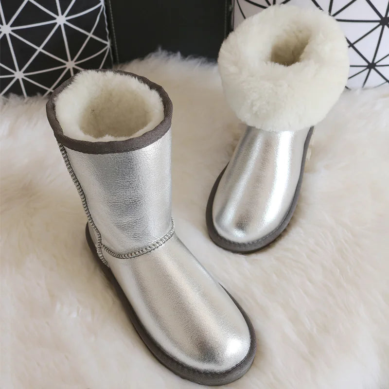 Genuine White Waterproof Women's Sheepskin Snow Boots