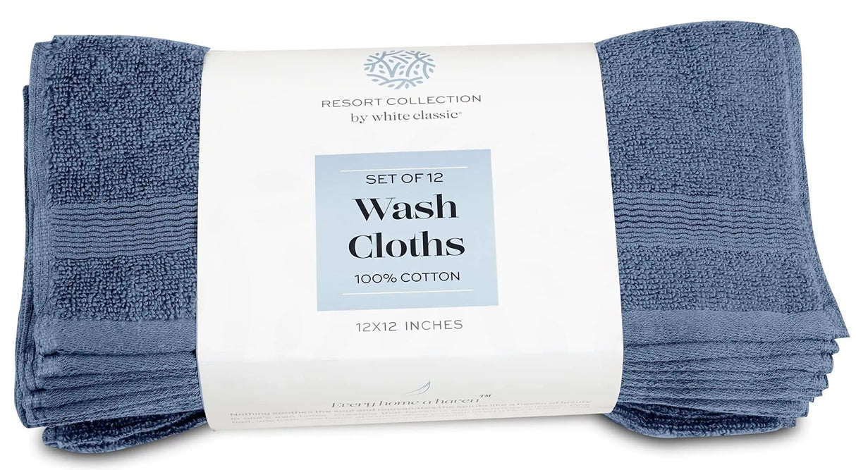 Resort Collection Soft Washcloth Face Body Towel Set 12 Pack Blue 12x12 Luxury