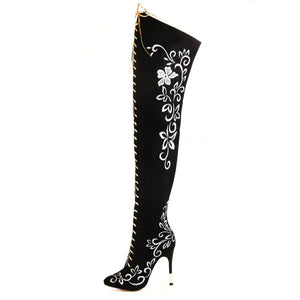 Elegant Embroidered Over The Knee Stiletto Boots