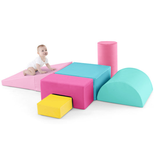 6 Pieces Foam Climbing Blocks Indoor Climb and Crawl Activity Playset with Rectangles-Pink
