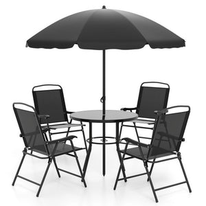 6 Pieces Patio Dining Set with Umbrella with 4 Folding Armchairs