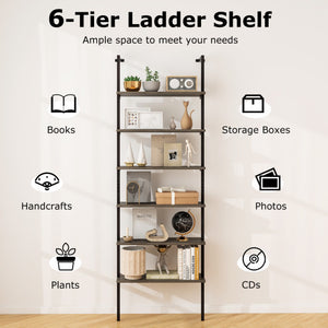6-tier Ladder Shelf 72 Inches Industrial Wall Mounted Bookshelf-Oak