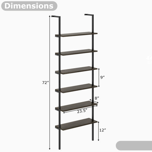 6-tier Ladder Shelf 72 Inches Industrial Wall Mounted Bookshelf-Oak