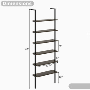 6-tier Ladder Shelf 72 Inches Industrial Wall Mounted Bookshelf-Oak