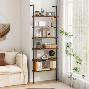 6-tier Ladder Shelf 72 Inches Industrial Wall Mounted Bookshelf-Rustic Brown