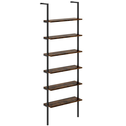 6-tier Ladder Shelf 72 Inches Industrial Wall Mounted Bookshelf-Rustic Brown