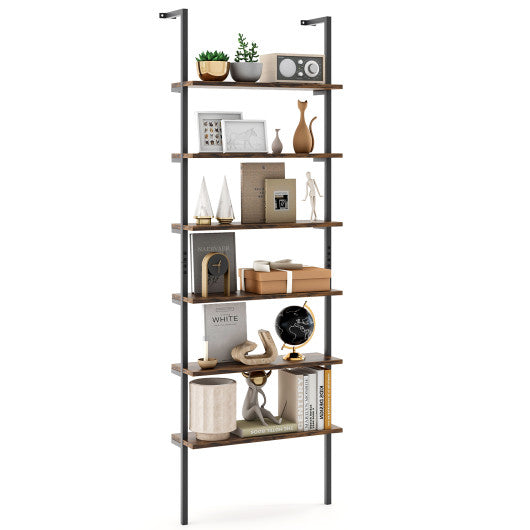 6-tier Ladder Shelf 72 Inches Industrial Wall Mounted Bookshelf-Rustic Brown