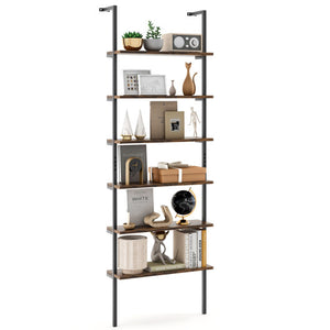 6-tier Ladder Shelf 72 Inches Industrial Wall Mounted Bookshelf-Rustic Brown