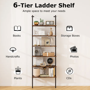 6-tier Ladder Shelf 72 Inches Industrial Wall Mounted Bookshelf-Rustic Brown