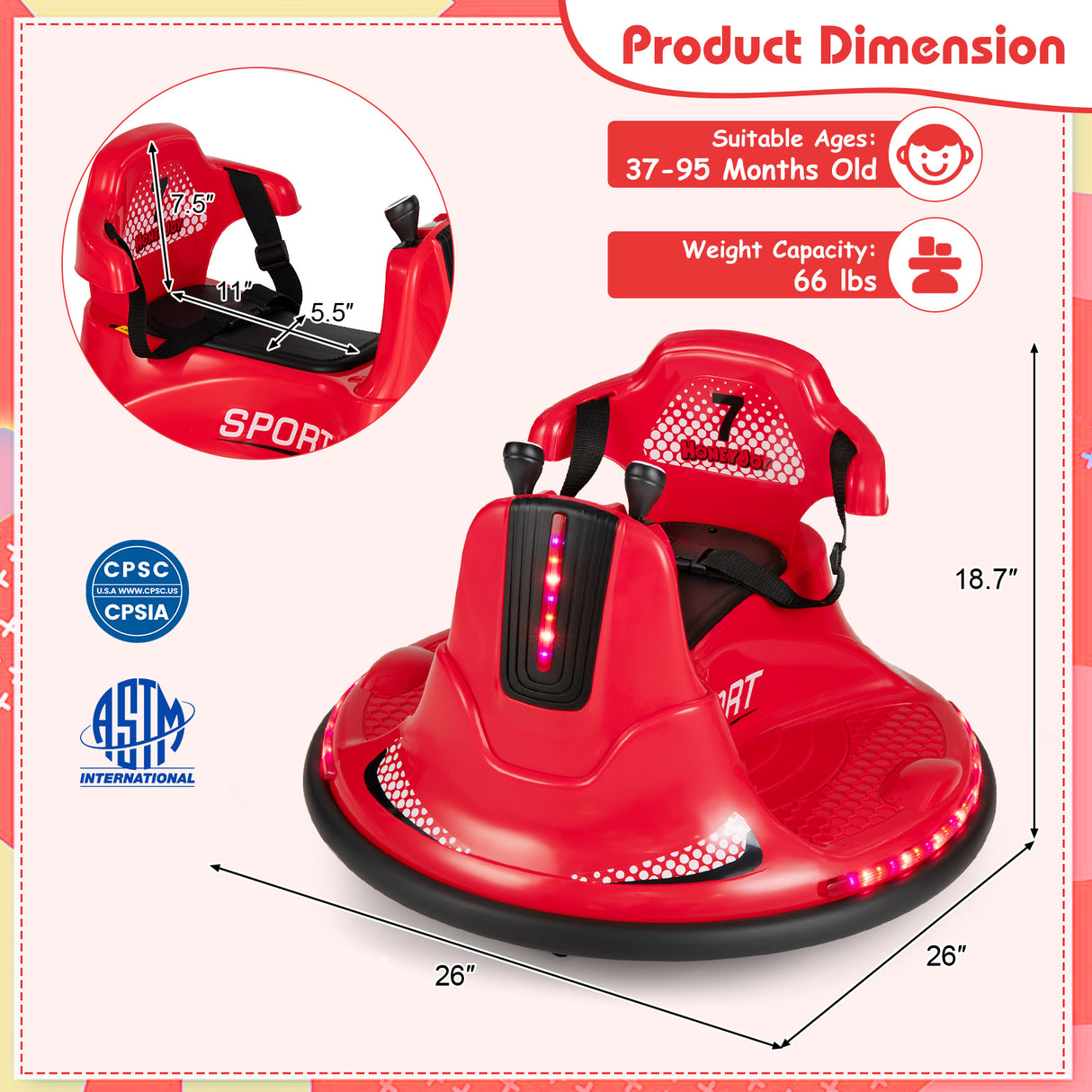12V Kids Ride On Bumper Car with Remote Control Lights and Music-Red