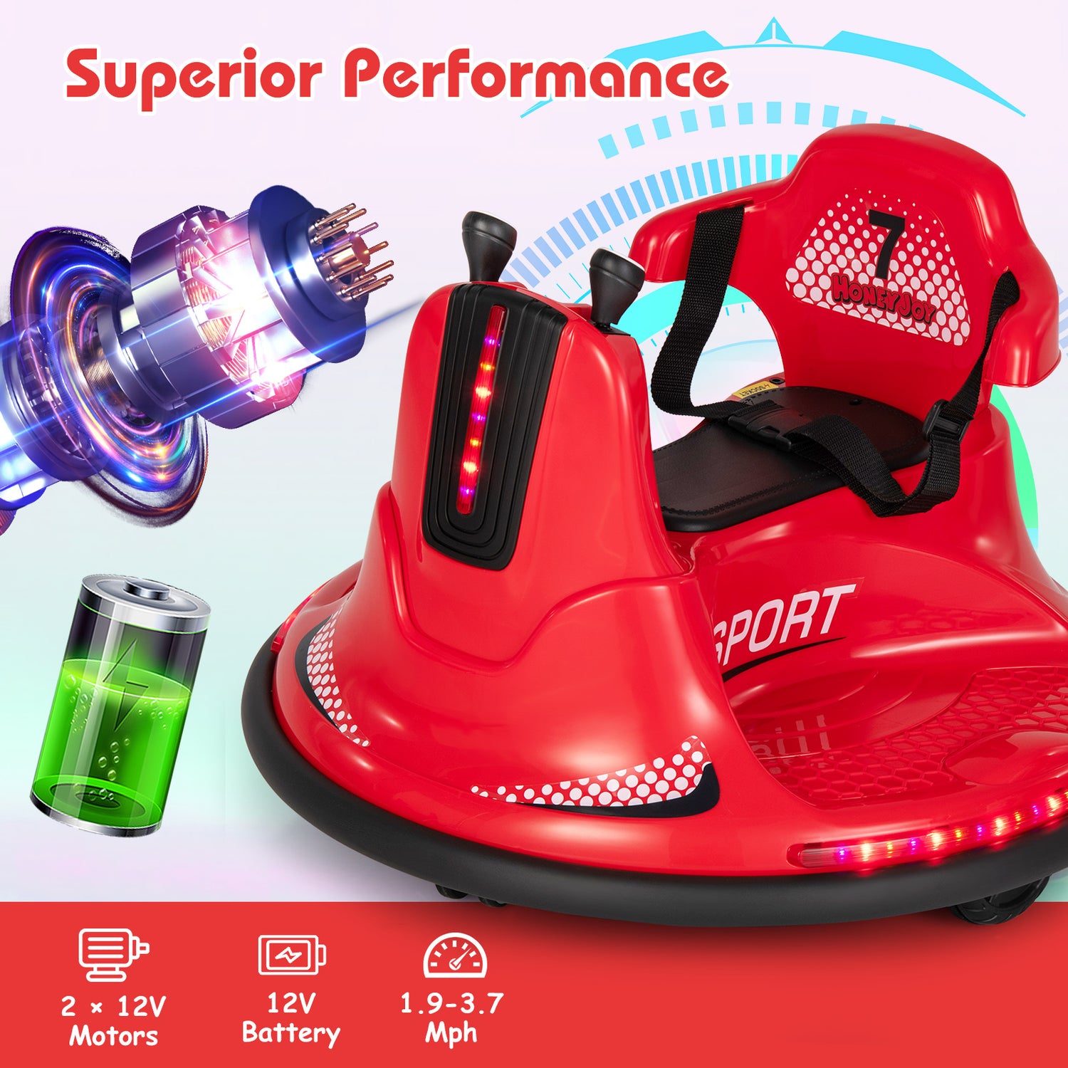 12V Kids Ride On Bumper Car with Remote Control Lights and Music-Red