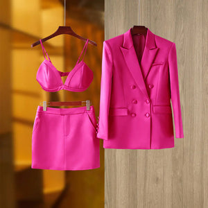 Fashionable Pink Satin Suit Jacket and Skirt Set