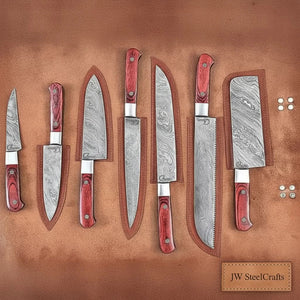 7-Piece Damascus Kitchen Knife Set — Chef, Nakiri, Bread Knife and Cleaver, Red Pakka Wood Handles
