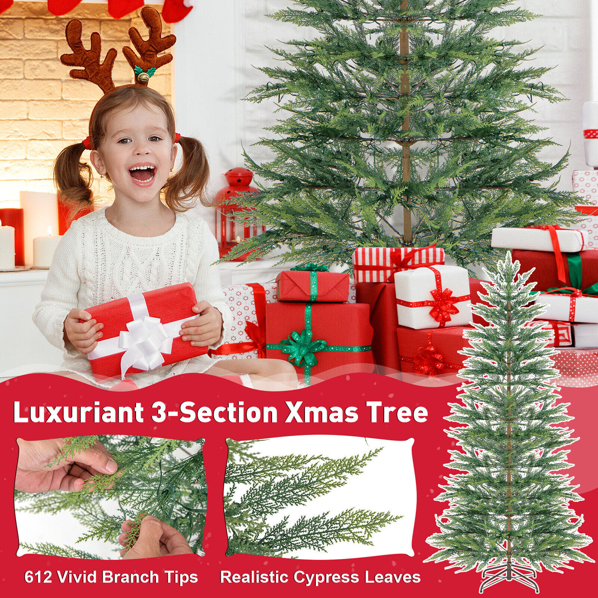 6.5/7.5 Feet Artificial Cypress Christmas Tree Pre-lit Hinged-7.5 ft
