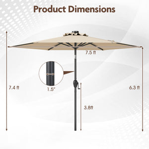 7.5 Feet Solar Powered Patio Umbrella with LED Lights and Crank Handle-Beige