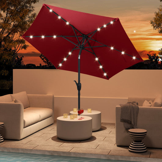 7.5 Feet Solar Powered Patio Umbrella with LED Lights and Crank Handle-Burgundy