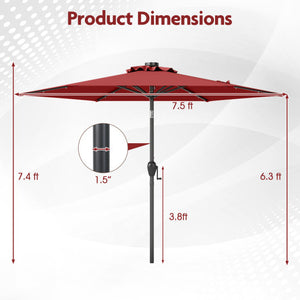 7.5 Feet Solar Powered Patio Umbrella with LED Lights and Crank Handle-Burgundy