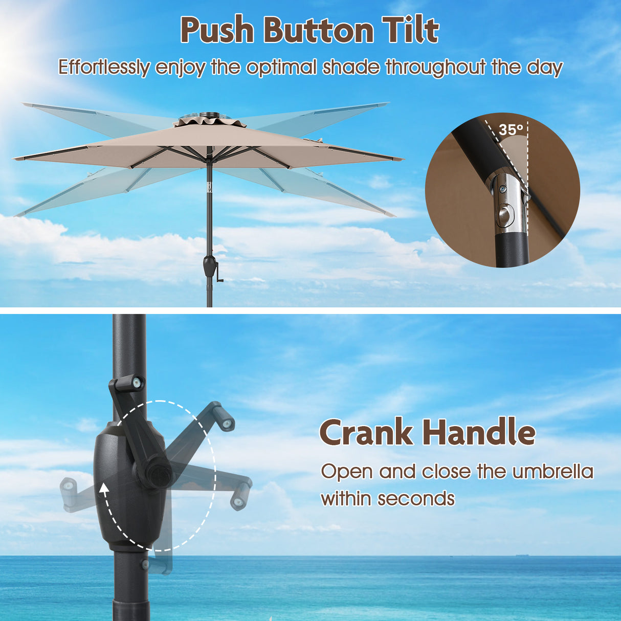 7.5 Feet Solar Powered Patio Umbrella with LED Lights and Crank Handle-Tan