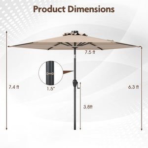 7.5 Feet Solar Powered Patio Umbrella with LED Lights and Crank Handle-Tan