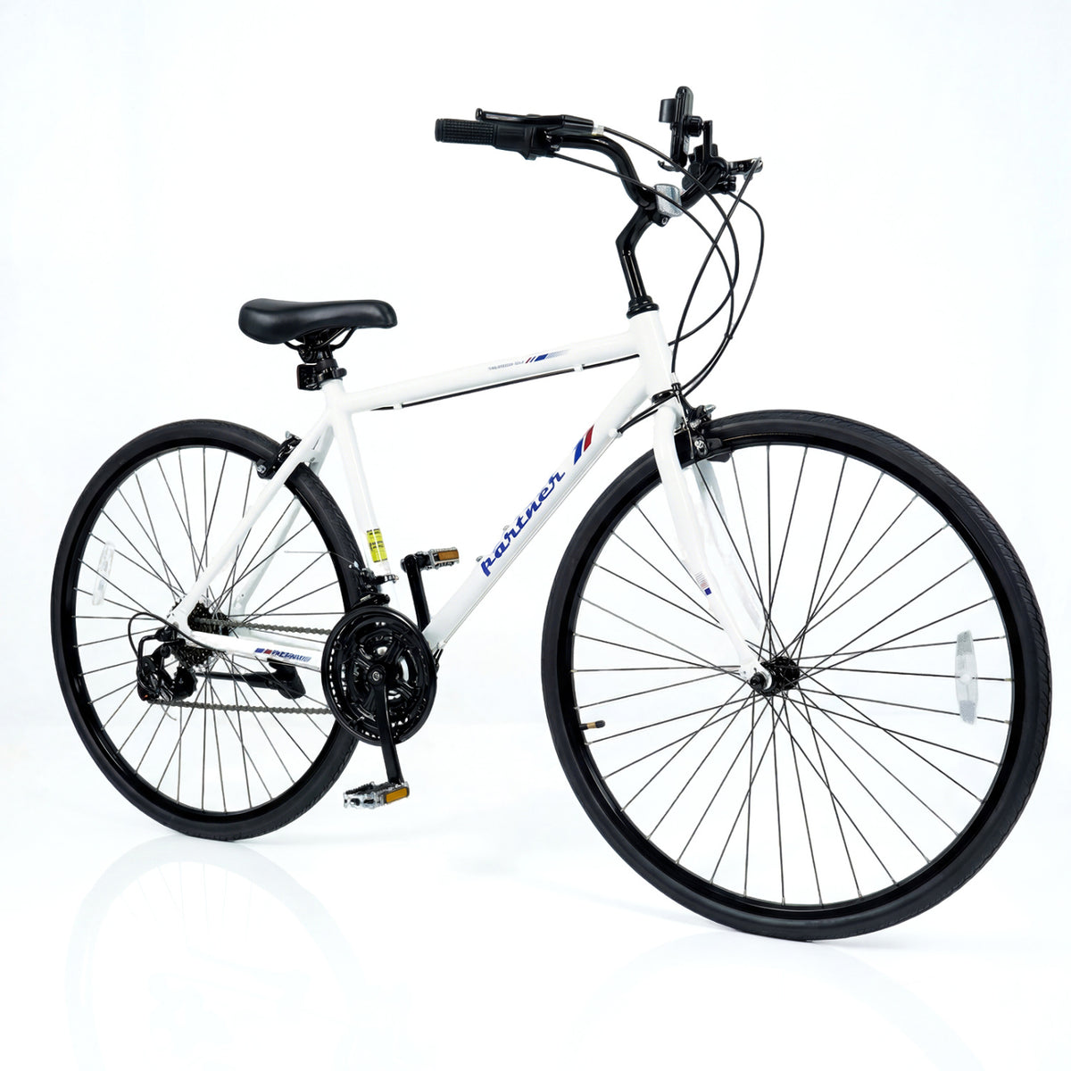 700C Hybrid Bike for Adult with 18-Speed Shimano Drivetrain and Phone Holder-White