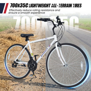 700C Hybrid Bike for Adult with 18-Speed Shimano Drivetrain and Phone Holder-White