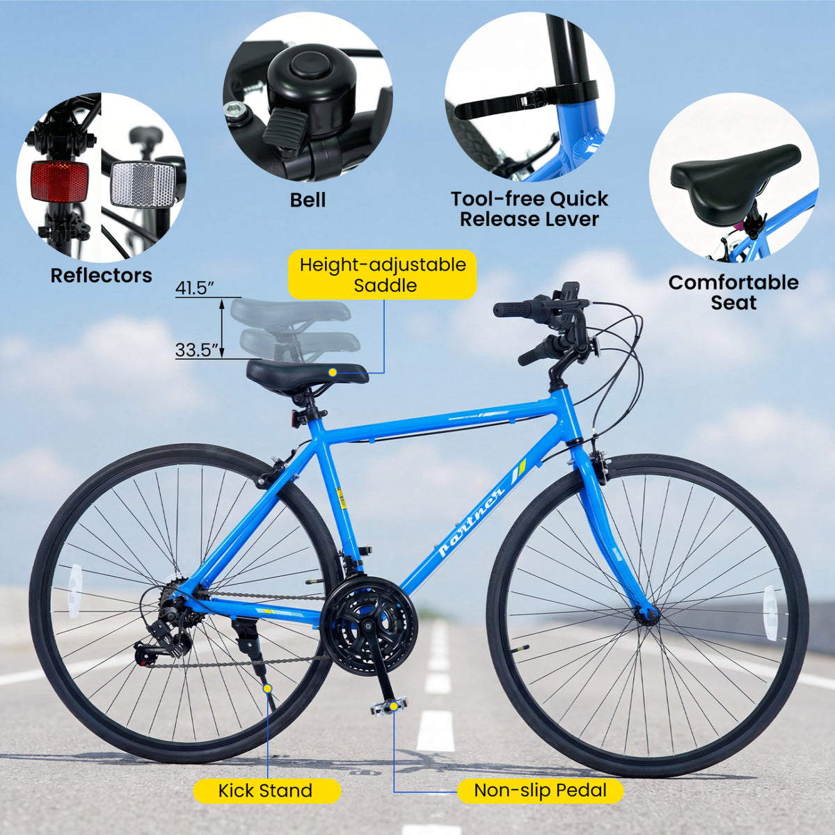 700C Hybrid Bike for Adult with 18-Speed Shimano Drivetrain and Phone Holder-Blue