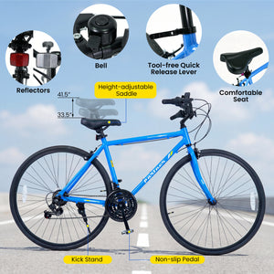 700C Hybrid Bike for Adult with 18-Speed Shimano Drivetrain and Phone Holder-Blue