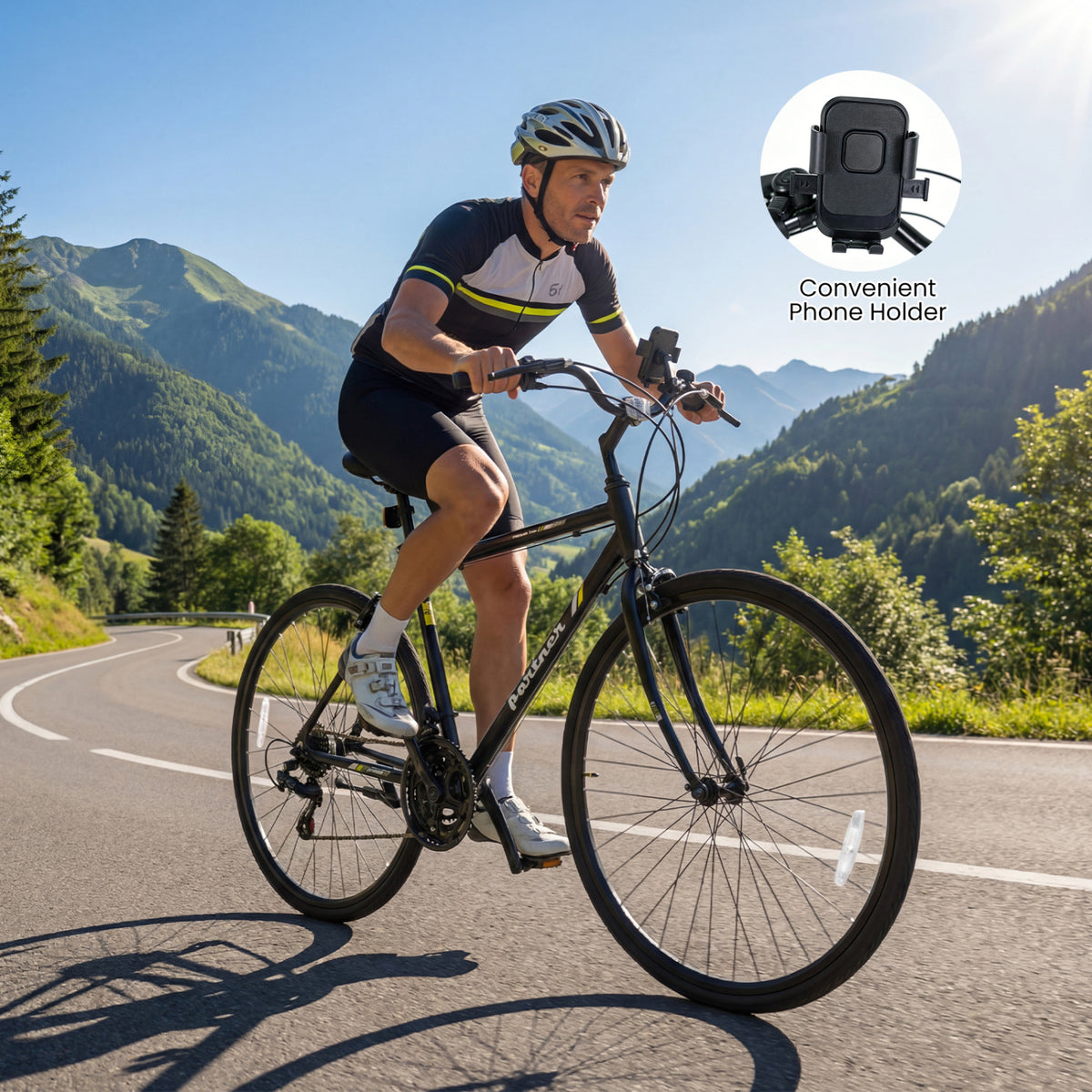 700C Hybrid Bike for Adult with 18-Speed Shimano Drivetrain and Phone Holder-Black