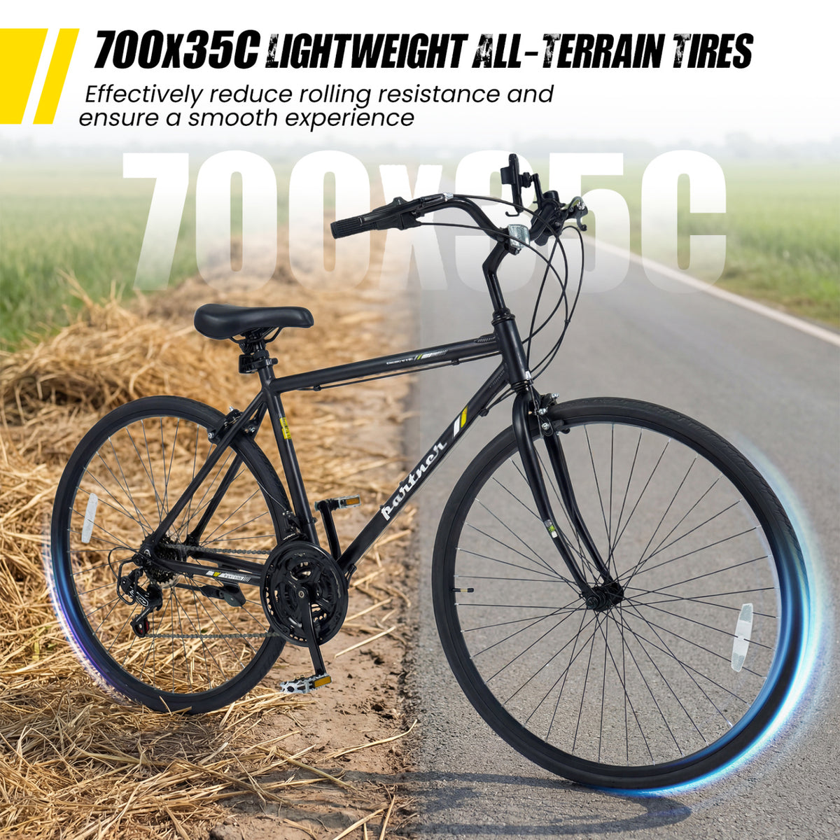700C Hybrid Bike for Adult with 18-Speed Shimano Drivetrain and Phone Holder-Black