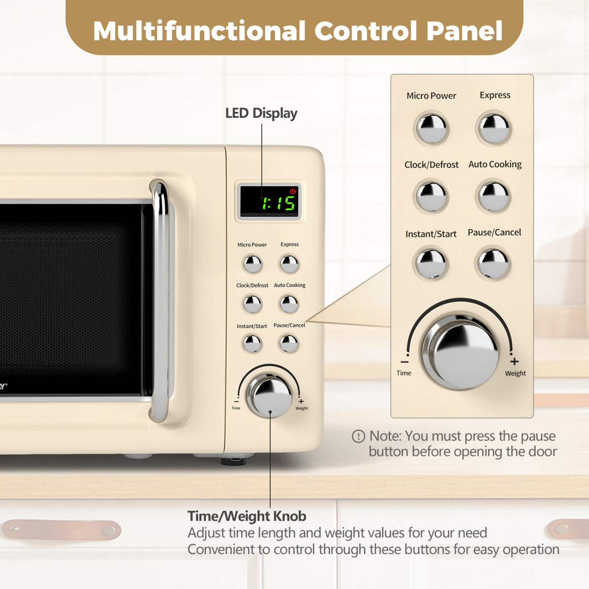 700W Retro Countertop Microwave Oven with 5 Micro Power and Auto Cooking Function-Cream White