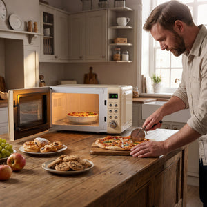 700W Retro Countertop Microwave Oven with 5 Micro Power and Auto Cooking Function-Cream White