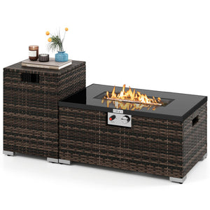 2-Piece Outdoor Rattan Fire Table Set 32 Inch Rectangle Gas Firepit with Tank Cover-Brown