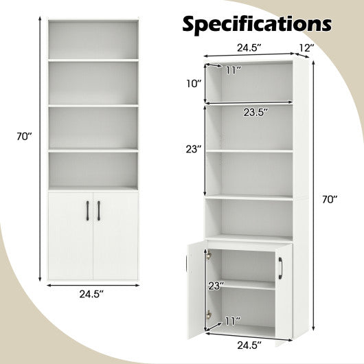 70 Inch Bookcase 6-Tier with Adjustable Shelves and 2-Door Cabinet-White