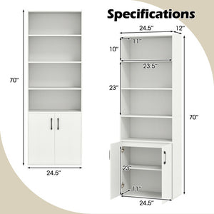 70 Inch Bookcase 6-Tier with Adjustable Shelves and 2-Door Cabinet-White