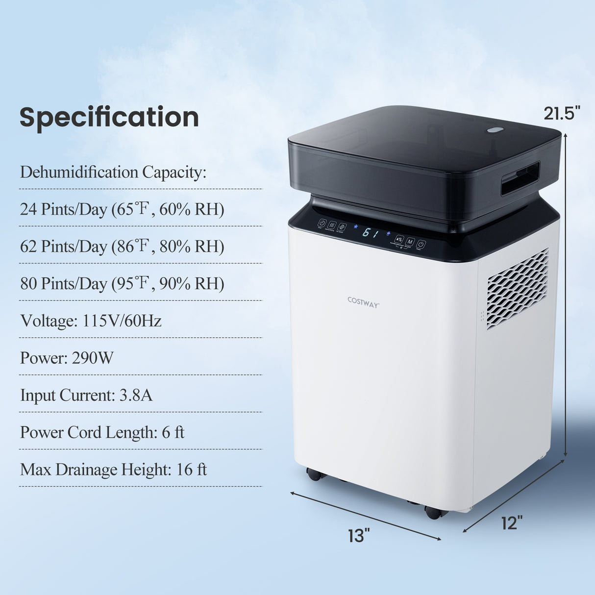 70/90 Pint 4500/6000 Sq. Ft Dehumidifier with Continuous and Auto Mode-70 Pints