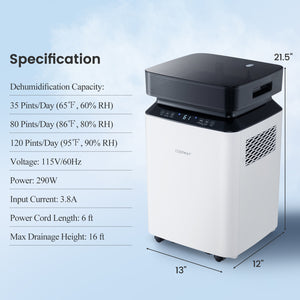 70/90 Pint 4500/6000 Sq. Ft Dehumidifier with Continuous and Auto Mode-90 Pints