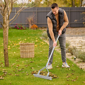 20 Inches Wide Aluminum Lawn Loosening Soil Rake with Long Handle and 19 Curved Tines