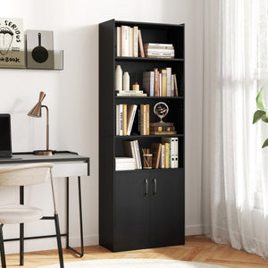 70 Inch Bookcase 6-Tier with Adjustable Shelves and 2-Door Cabinet-Black