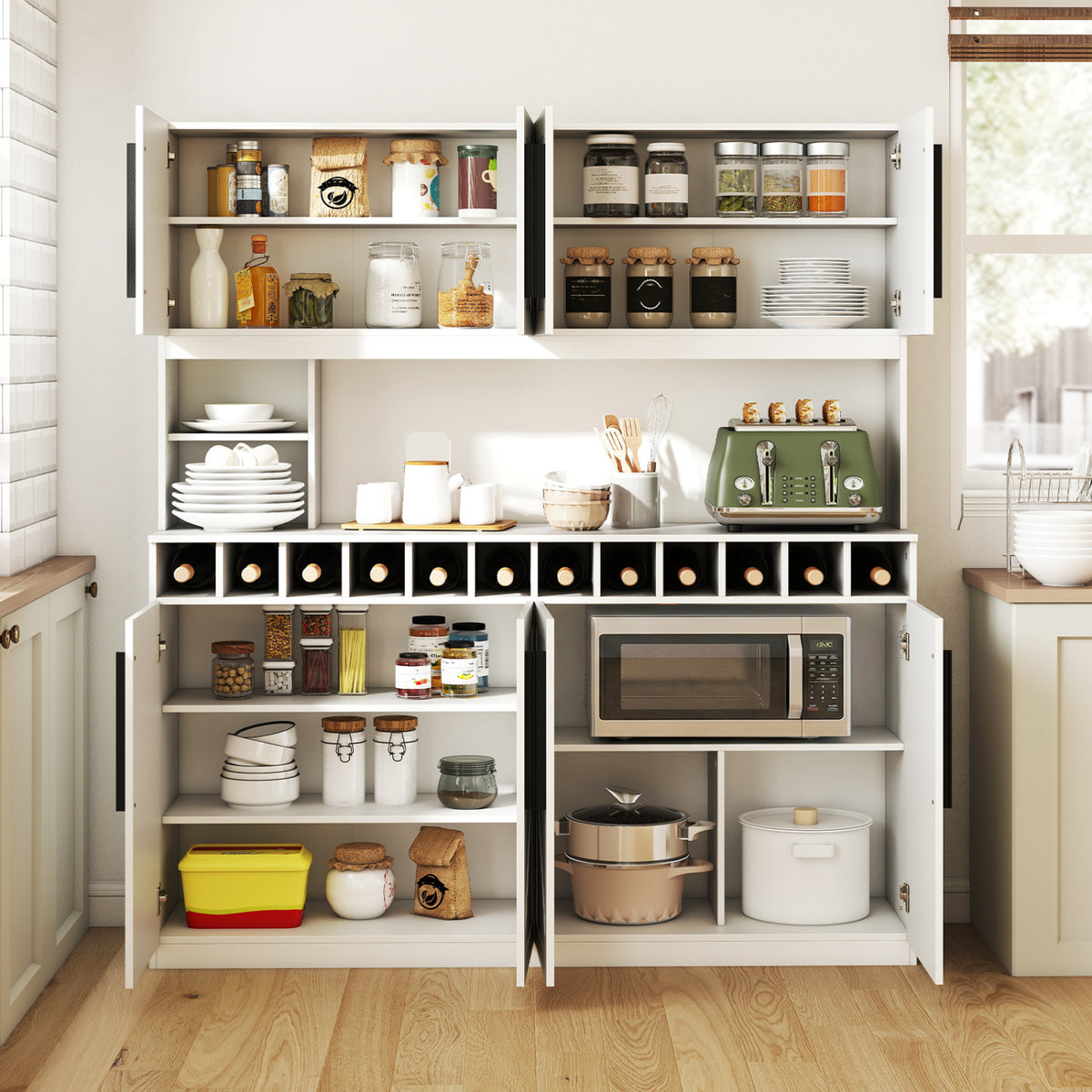 70 Inch Farmhouse Pantry Cabinet Kitchen Buffet Hutch with 4 Cabinets and 2 Open Shelves-White